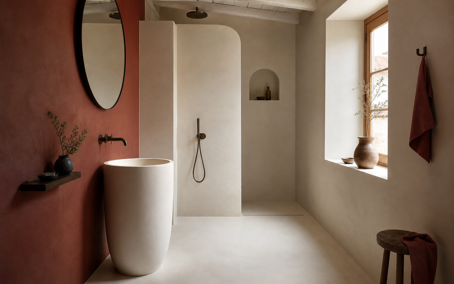 Render concettuale di un bagno con superfici continue color rosso ossido e avorio