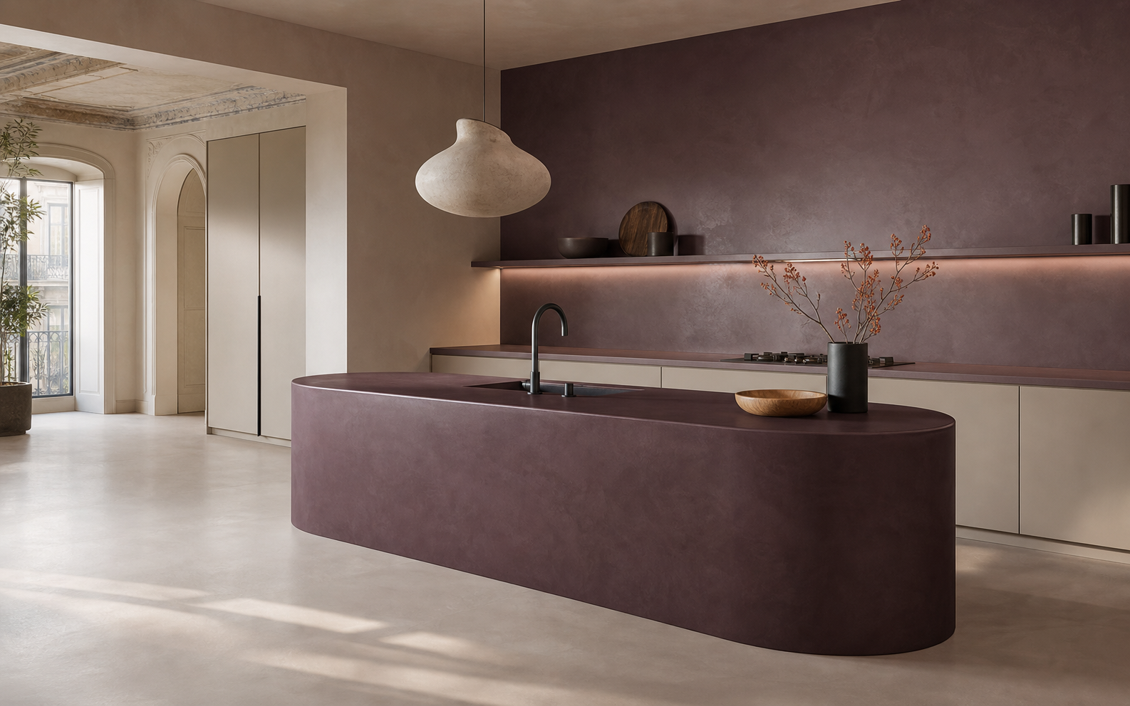 Render concettuale di una cucina con isola e superfici continue color melanzana