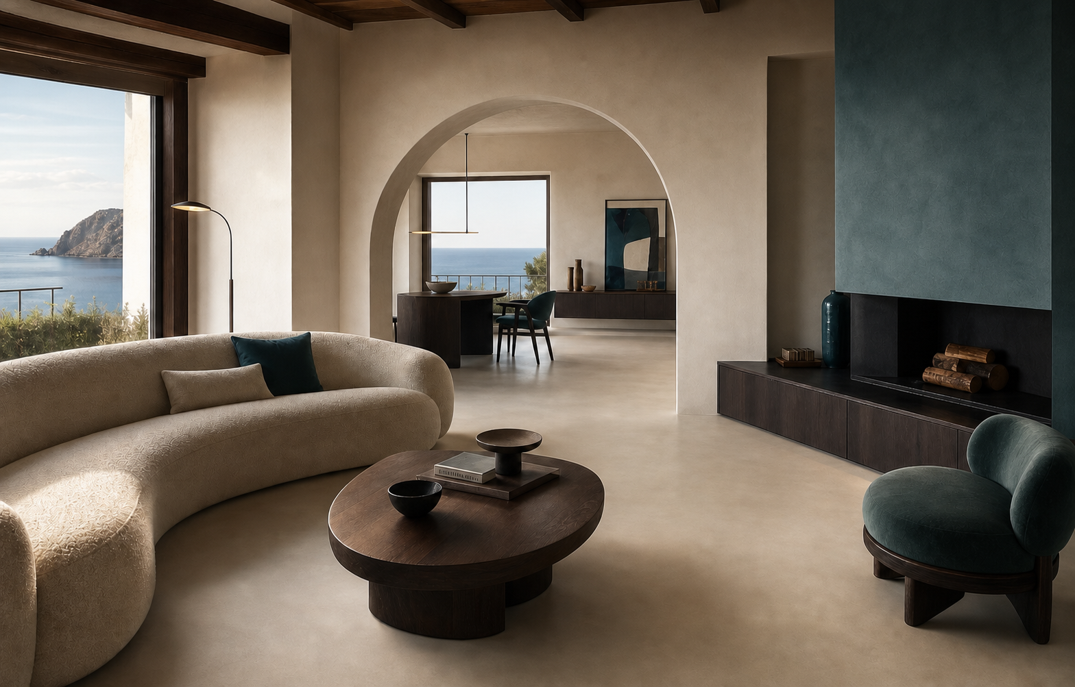 Render concettuale di un soggiorno con pavimento continuo e parete del camino color Fondale