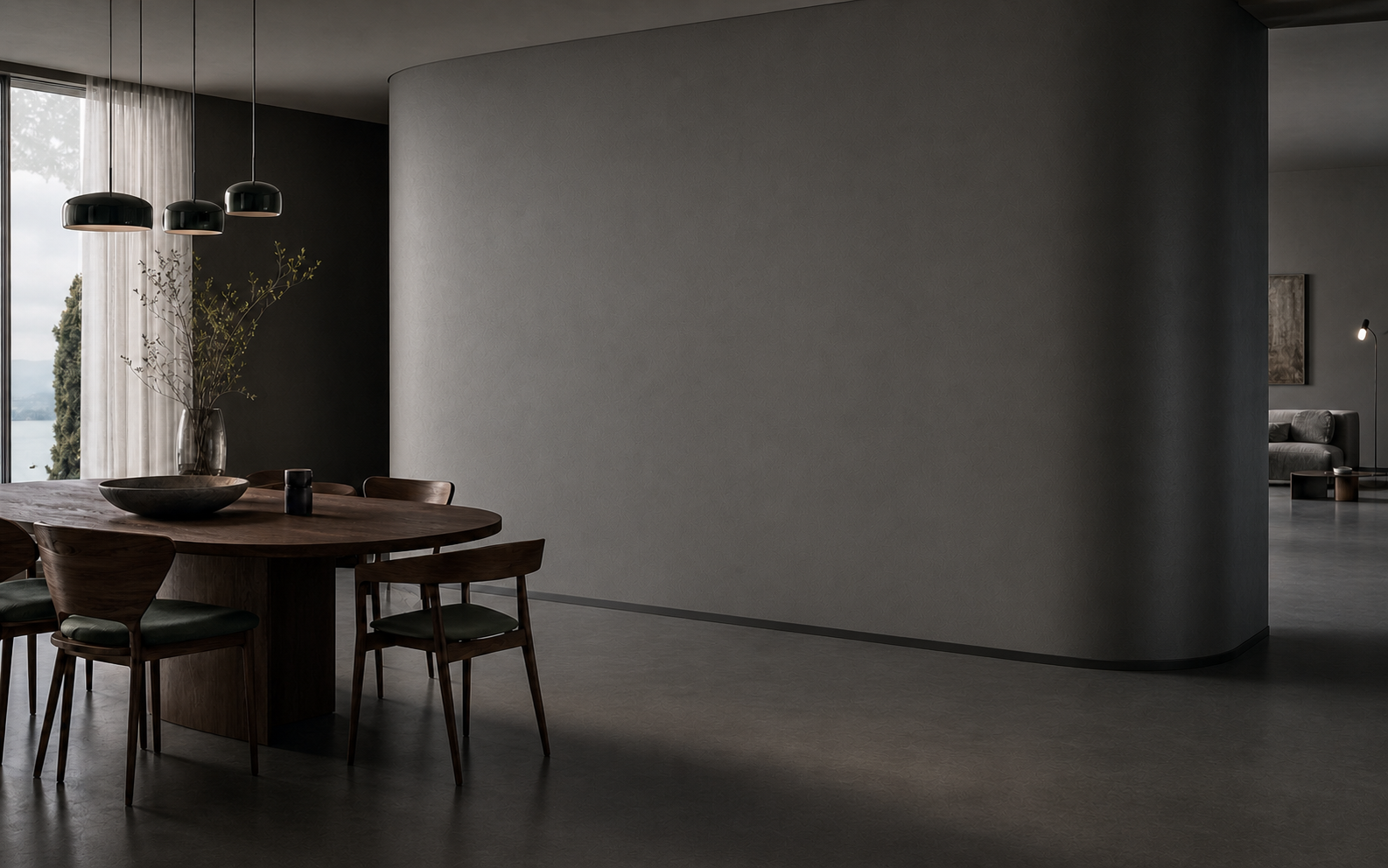 Render concettuale di una zona giorno con superfici Tingo continue a texture fine color Ardesia Profonda