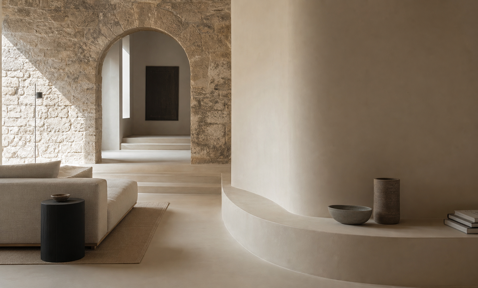 Render concettuale di un interno contemporaneo sviluppato come collaborazione tra Monolitho e uno studio di design
